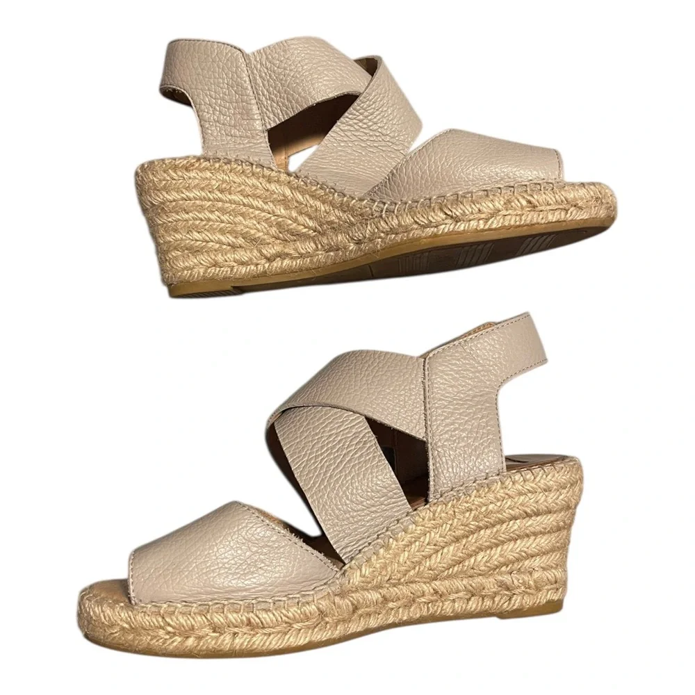 kanna Taupe Textured Leather Spain Espadrille Wedge Sandals Size EU 37 US 6.5-7